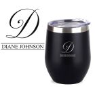 Laser engraved personalised black thermal cups with initial and name design.