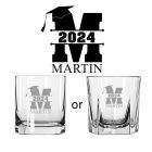 Personalised graduation gift whiskey glasses with initial, name and year design.