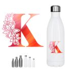 Personalised reusable drinks bottle with colourful floral themed initial design.