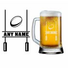 Personalised beer glasses with rugby post and ball design