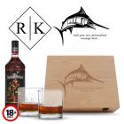Personalised Marlin fish design rum gift box with tumbler glasses.