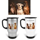 Personalised travel mugs with oil painting effect of pets