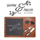 Wedding and anniversary gift personalised cheese board with floral design.