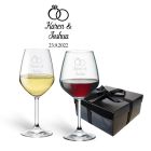 Wine glass personalised with wedding ring design and names.