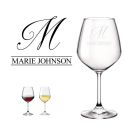 Personalised crystal wine glass with laser etched initial and name design.
