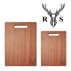Personalised wood chopping boards with stag head design and two initials engraved.