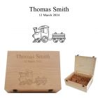 Personalised new baby keepsake boxes with train themed design.