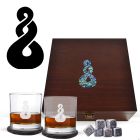 Pikorua Twist whiskey glasses gift box with New Zealand Paua shell insert