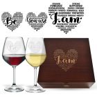 Crystal wine glasses box sets with positive affirmation love heart designs.