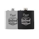 Retirement gift hip flasks with a fun personalised design.