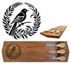 Rimu wood cheese boards engraved with Fantail bird and fern inspired boarder