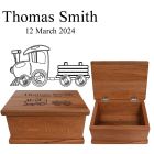 Rimu wood keepsake boxes with a personalised train design laser engraved.