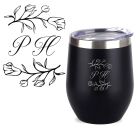 Laser engraved thermal cups with Roses themed design and a person's initials.