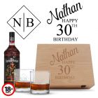 Wood box rum gift set with personalised glasses and 30th birthday design