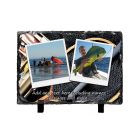 Personalised slate photo frames with fishing themed design.