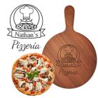 Personalised solid wood pizza boards with fun pizzeria design