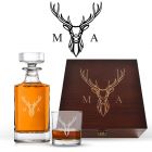 Wood box decanter gift sets with a personalised stag head design and two initials.