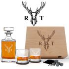 Personalised Stag design decanter gift set in a Beech hardwood box.