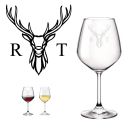 Personalised crystal wine glasses with engraved stag design and two initials.