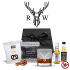 Personalised Stag design whiskey gift boxes with treats.