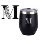 Reusable stainless steel thermal cups with engraved flower themed initial.