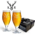 Beer glasses gift set with personalised stag design and initials.