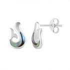 Sterling silver and paua shell stud earring with a fish hook whale tail design