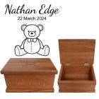 New Zealand Rimu wood keepsake boxes engraved with a personalised teddy bear themed design.
