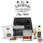 Retirement gift whiskey sets with a personalised the legend has retired whiskey glass.