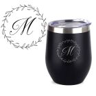 Black stainless steel thermal cups with laser engraved leafy border and initial.