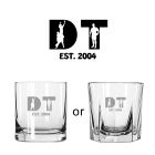 Whiskey tumbler glasses with engraved rugby themed initials and year established.