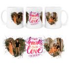 Personalised photo mugs with two images and two hearts one love design.