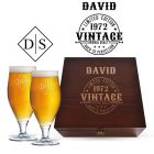 Personalised birthday gift beer glasses box set with an engraved vintage limited edition design.