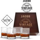 Personalised birthday gifts for men whiskey glass box sets with vintage aged to perfection design.