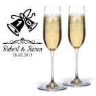 Personalised wedding anniversary crystal Champagne flutes with wedding bells.