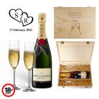 Mr and Mrs Champagne box set with personalised Champagne glasses and a bottle of Moet.