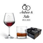 Wedding and anniversary gift wine glass and tumbler gift set with personalised ring design.