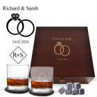 Personalised wedding gift whiskey glasses box sets with ring design.