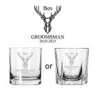Wedding gift whiskey glasses with personalised design.