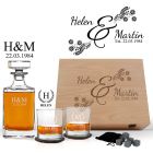Anniversary and wedding gift wood box decanter gift sets with personalised floral design.