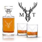 Personalised Crystal decanter gift sets with Stag head design and initials.