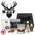 Jim Bean and Jack Daniels whiskey gift boxes with a personalised stag design tumbler glass and treats.