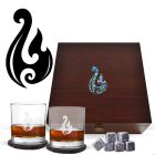 Luxury whiskey and tumbler glasses wood box gift set engraved with a Maori tribe hook design and genuine New Zealand Paua shell inlay.