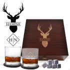 Whiskey glasses and accessories gift box with personalised Stag design.