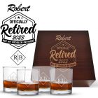 Personalised retirement gift whiskey glass box sets with four glasses.