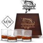 Personalised fishing themed whiskey glass box set with four tumbler glasses.