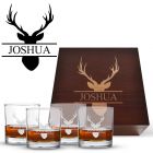Tumbler glasses box sets with personalised stag design and four glass in a pine presentation box.