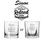 Fun retirement gift whiskey glasses with the words "not my problem anymore" and the person's name and year they retired.