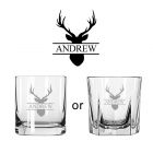 Whiskey glass with stag head and name through