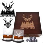Whiskey glasses luxury box gift set with stag and forest silhouette design engraved.